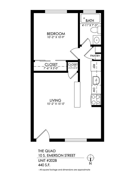 Floor plan for 1 bed, 1 bath, 440 sqft